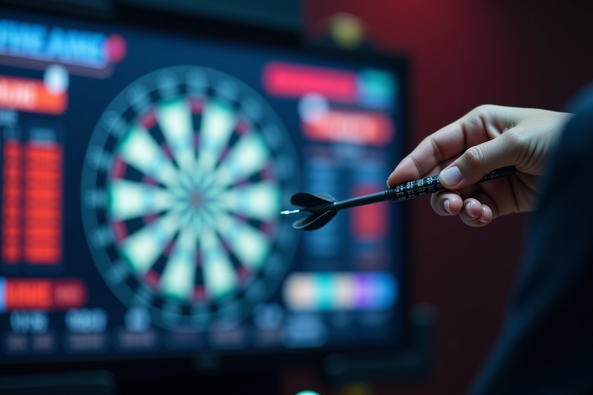 Main tenant un dart électronique devant un dartboard numérique