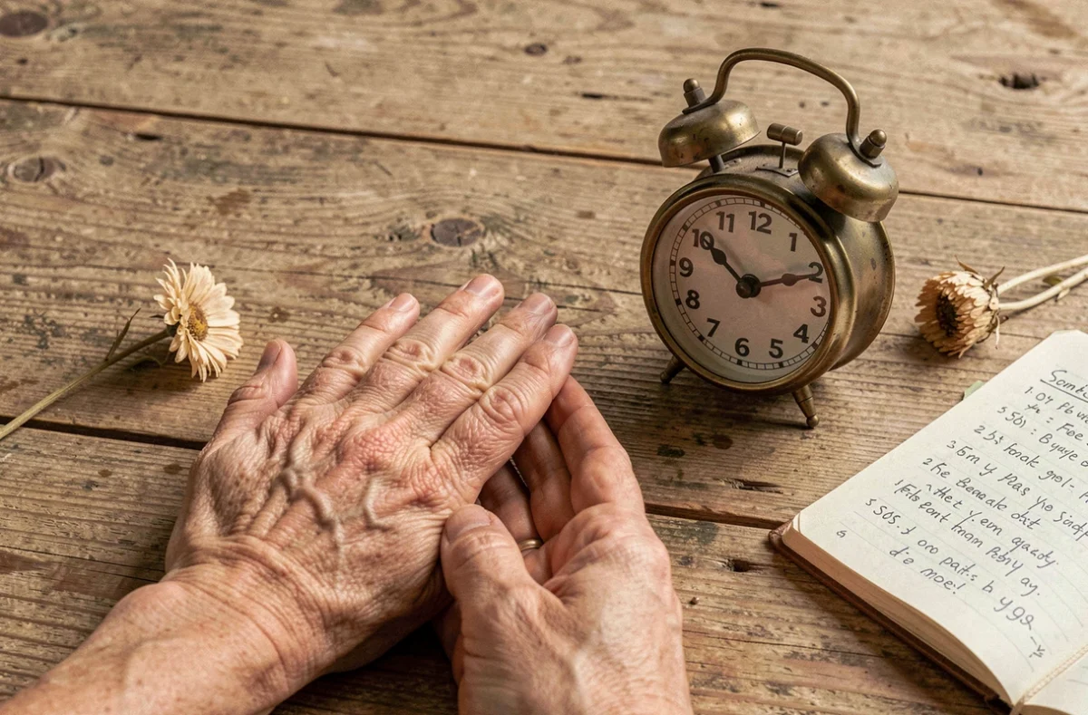 Gros plan de mains féminines posées près d'un réveil vintage indiquant 9h09 sur une table en bois avec un carnet de notes, évoquant la guidance angélique