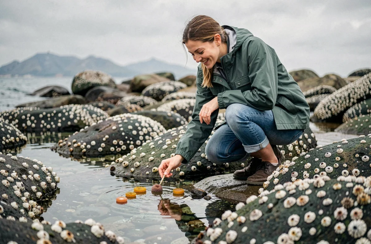Femme explorant une mare rocheuse laissée par la marée à Hendaye avec des anémones et coquillages visibles