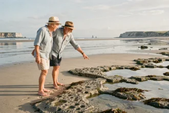 Couple de vacanciers observant les fonds marins découverts par la marée basse sur la plage de Hendaye