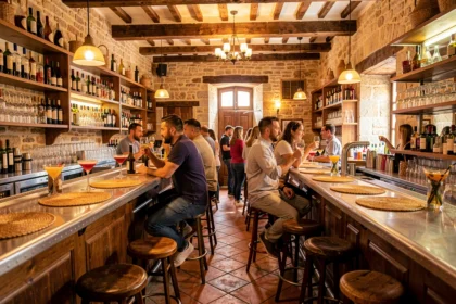 Vue d'ensemble d'un bar animé en Nouvelle-Aquitaine avec comptoir en zinc, bouteilles de vin et ambiance chaleureuse