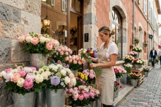 Vue d'ensemble d'une rue fleurie de Montpellier avec un fleuriste artisan arrangeant des bouquets colorés devant une boutique en pierre