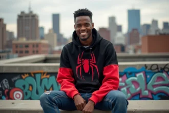 Jeune homme en hoodie Spider-Man noir et rouge assis sur un toit urbain à Brooklyn, incarnant l'esprit moderne de Miles Morales