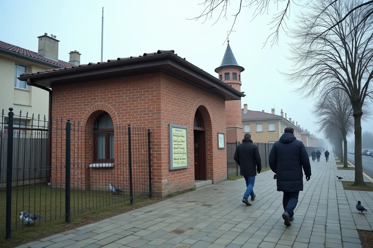 Façade d'une mosquée à Le Blanc-Mesnil avec tableau des horaires de prière 2026 affiché à l'entrée