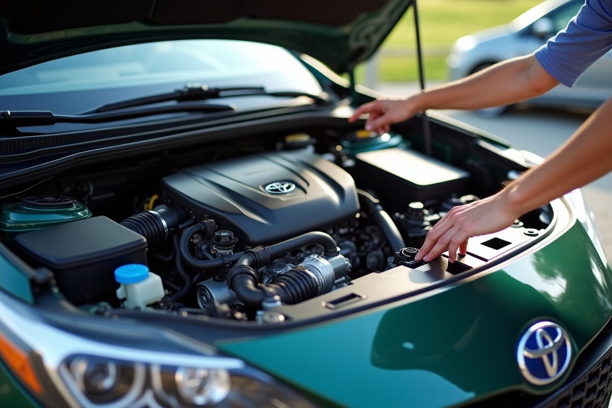 Moteur hybride Toyota avec mains pointant les composants