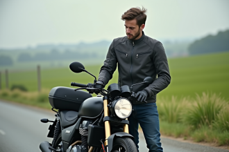 Jeune motard ajustant un sac tank sur sa moto 50cc en extérieur