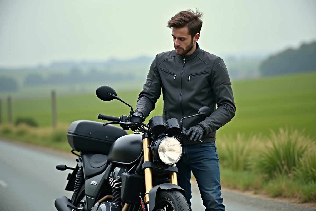 Jeune motard ajustant un sac tank sur sa moto 50cc en extérieur