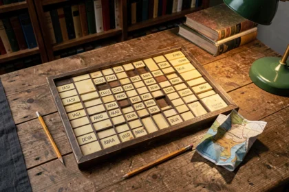 Grille de mots croisés avec des villes roumaines à 4 lettres comme Iași, Cluj, Arad posée sur une table en bois avec une carte de Roumanie