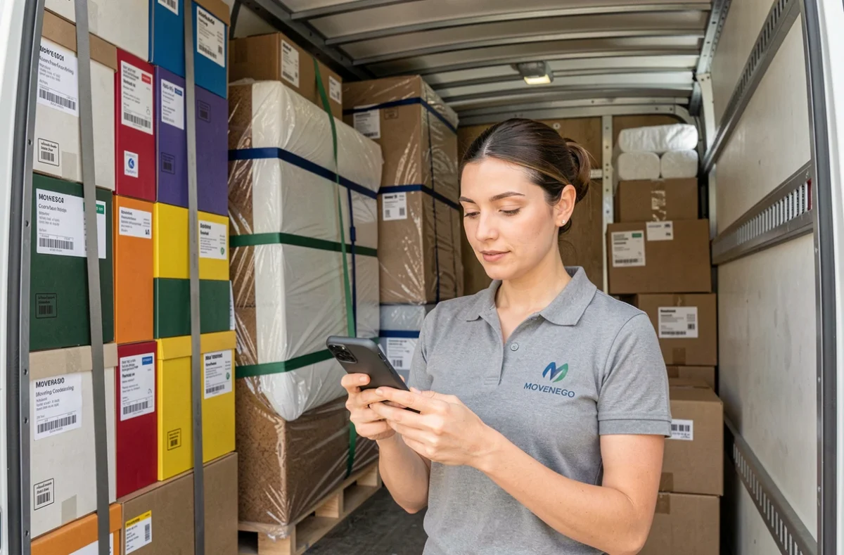 Coordinatrice Movenego utilisant une application smartphone pour inventorier des cartons organisés dans un camion de déménagement moderne