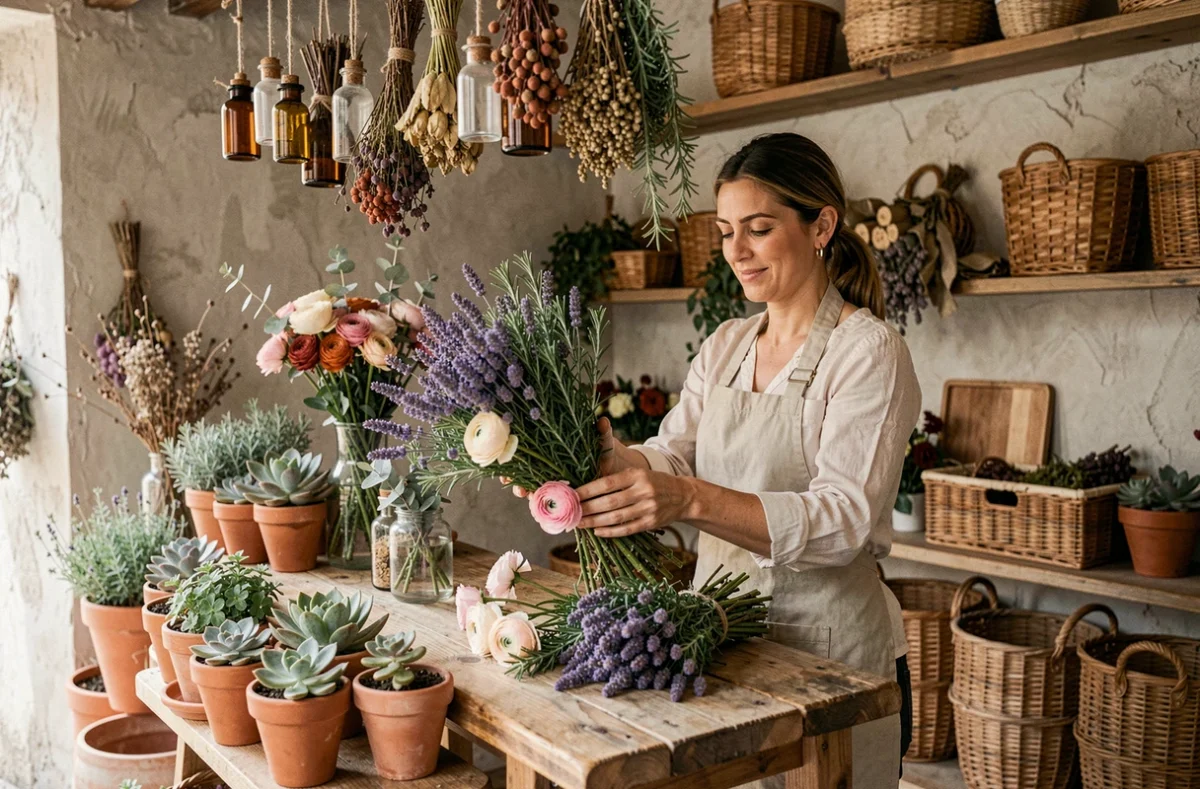 Fleuriste de Nature des Sens composant un arrangement de lavande et renoncules dans une boutique botanique aux tonalités naturelles à Montpellier