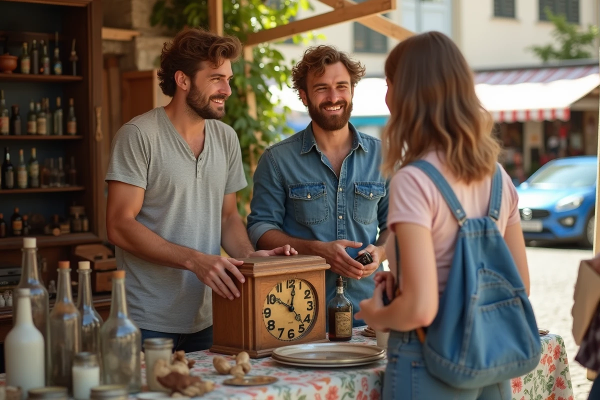 Couple négociant le prix d'une horloge ancienne avec un vendeur dans un vide grenier du 82