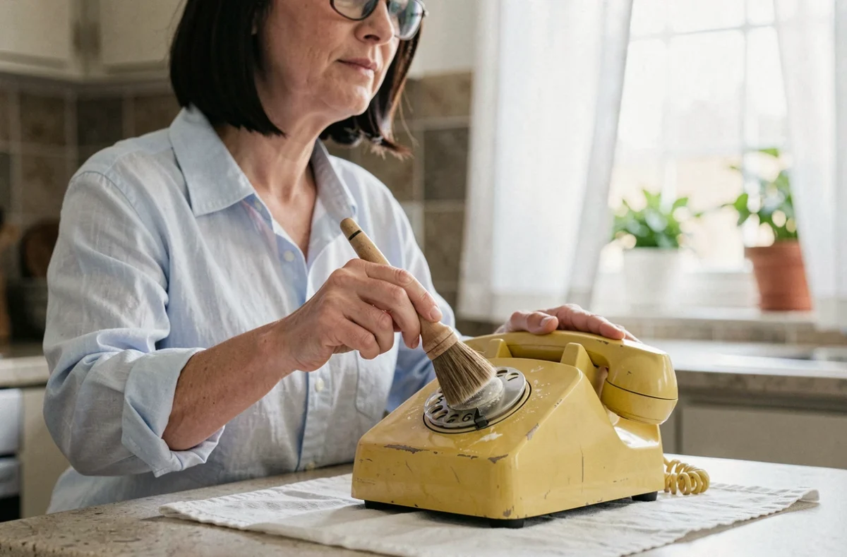 Femme appliquant une pâte nettoyante sur un vieux téléphone à touches jauni dans une cuisine moderne