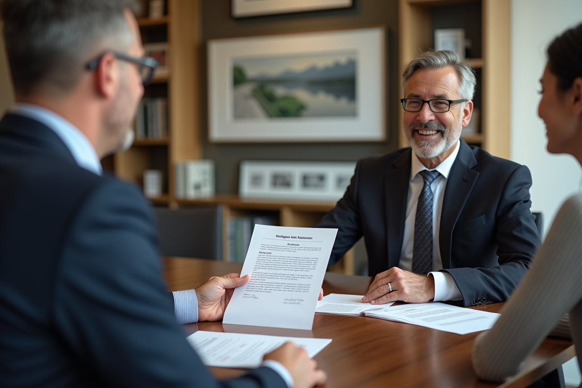 Notaire remettant un formulaire de décharge hypothécaire à un couple