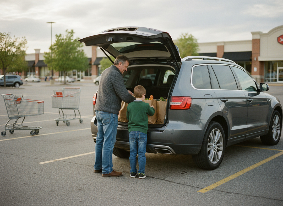 Père et fils chargent des courses dans un SUV en parking