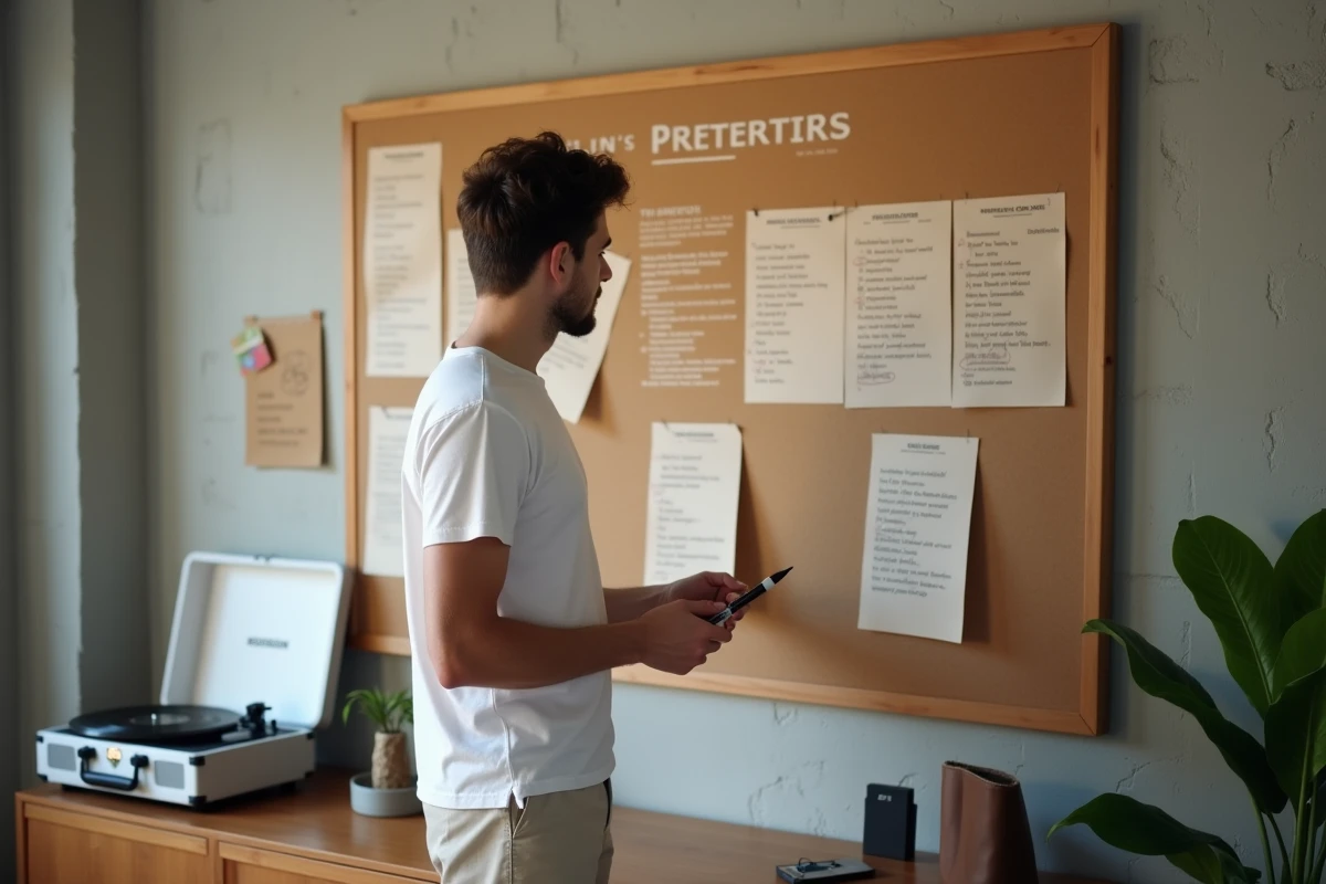 Homme analysant des paroles de chansons américaines affichées sur un tableau en liège pour améliorer son vocabulaire anglais
