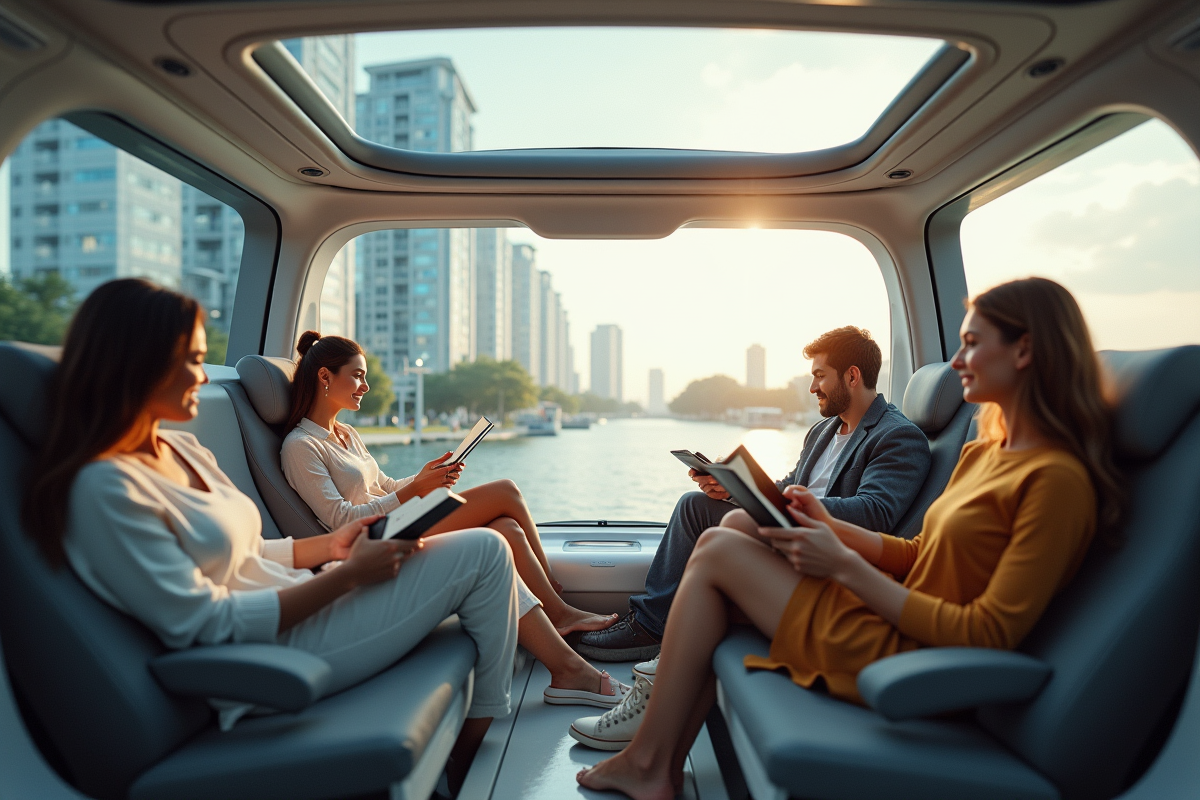 Passagers détendus dans un véhicule autonome futuriste