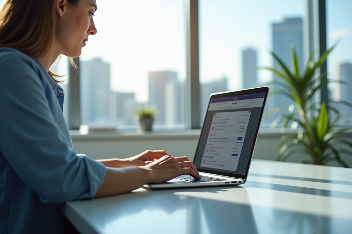 Personne tapant sur un ordinateur portable dans un bureau lumineux