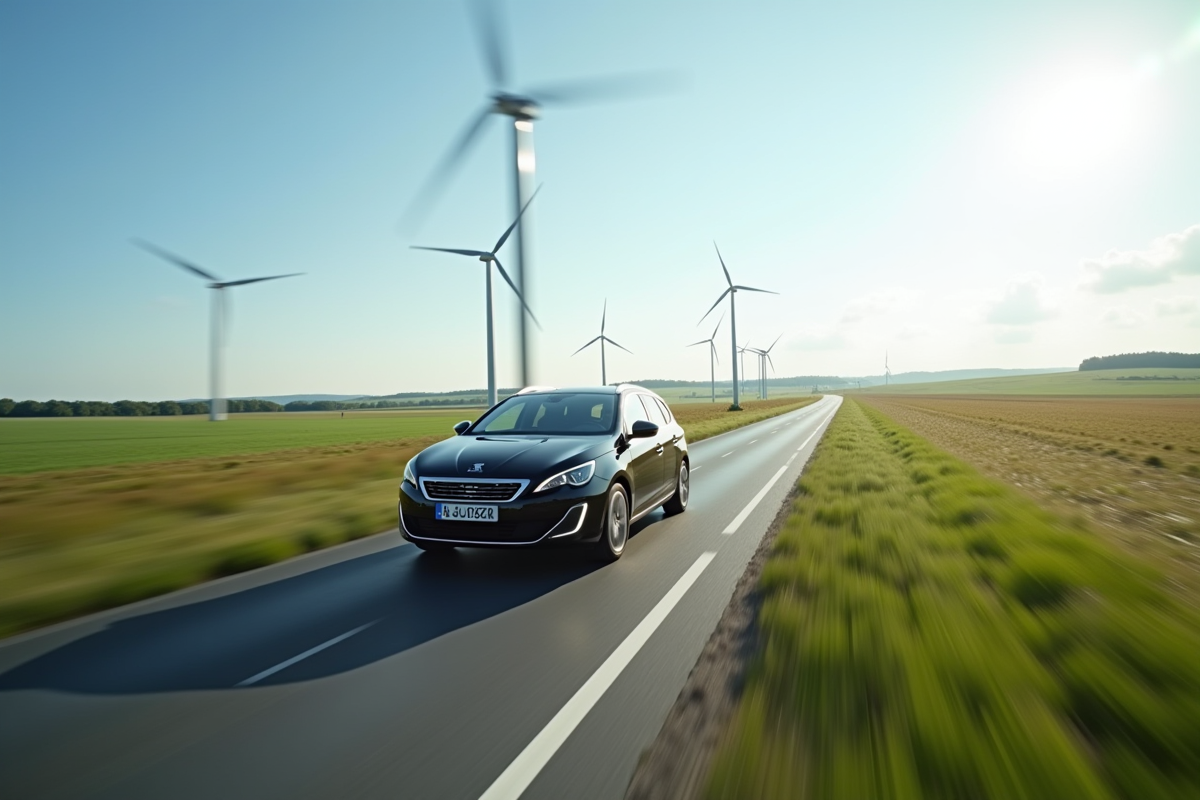Peugeot 308 SW conduite en campagne avec champs verts