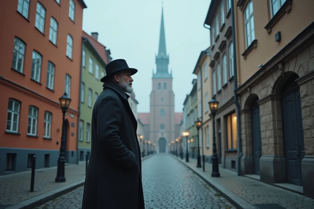Homme solitaire en manteau de laine devant une église luthérienne à Copenhague, évoquant la philosophie existentialiste de Kierkegaard