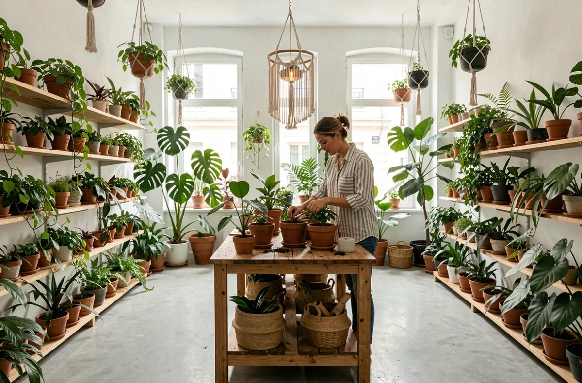 L'intérieur de la jardinerie urbaine PILEA avec ses rangées de plantes tropicales sur des étagères en bois et une employée rempotant une plante à Montpellier