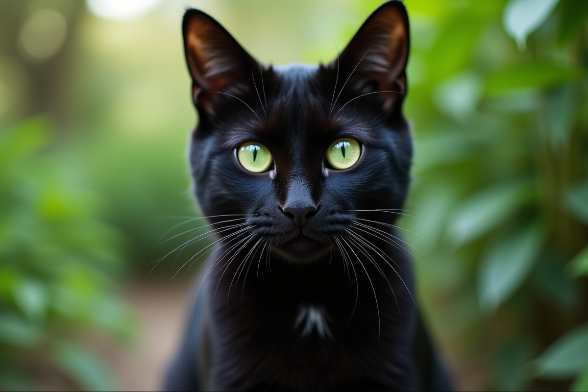 Portrait d un chat noir dans un jardin luxuriant