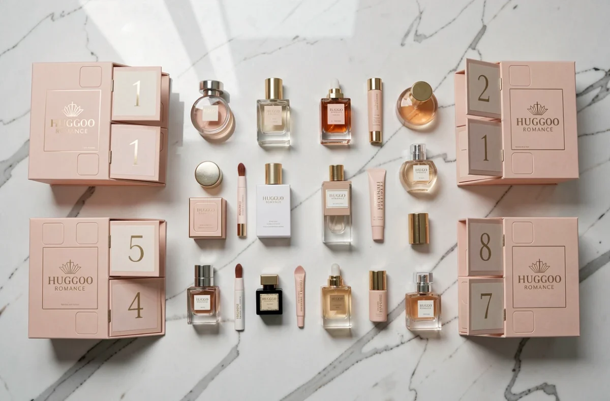 Tous les produits du calendrier de l'Avent Hugo Romance disposés en flat lay sur marbre blanc après ouverture complète