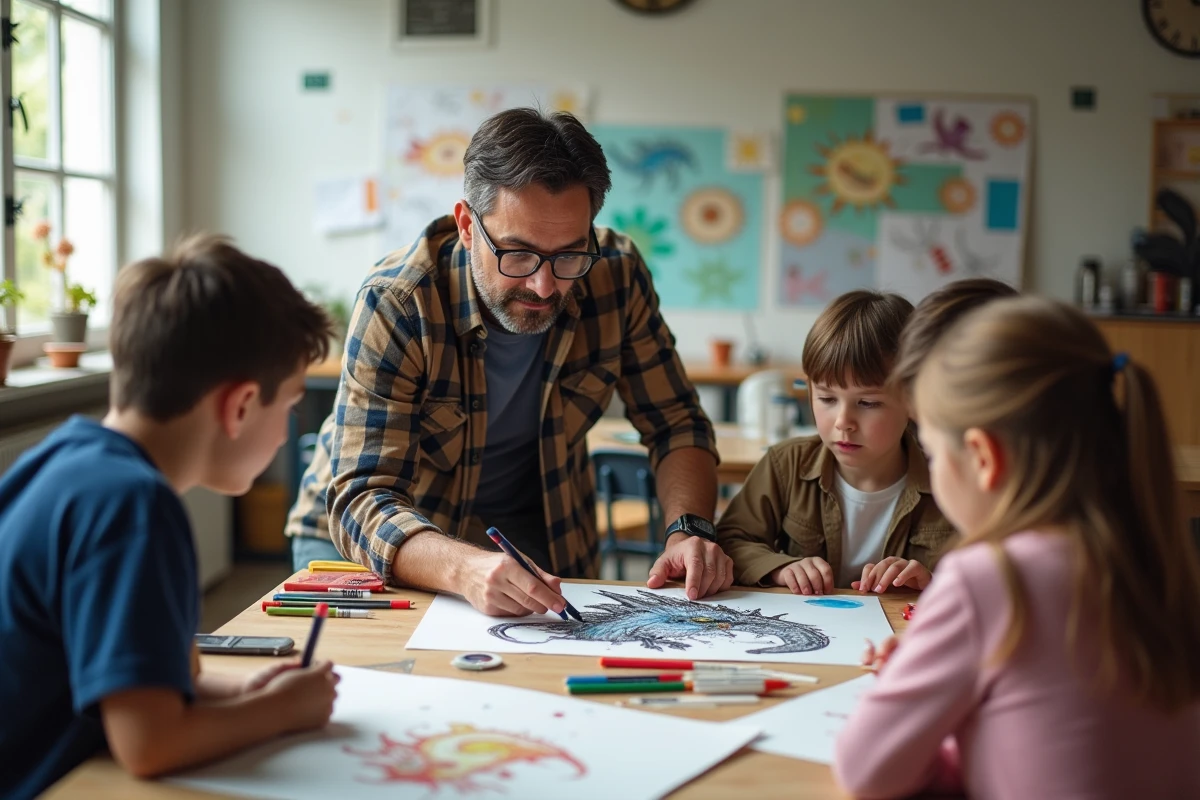 Professeur d art montrant la technique aux enfants en classe