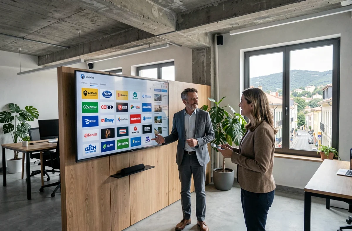 Deux professionnels discutent du fonctionnement de l'agrégateur Annudà devant un tableau de bord de presse corse