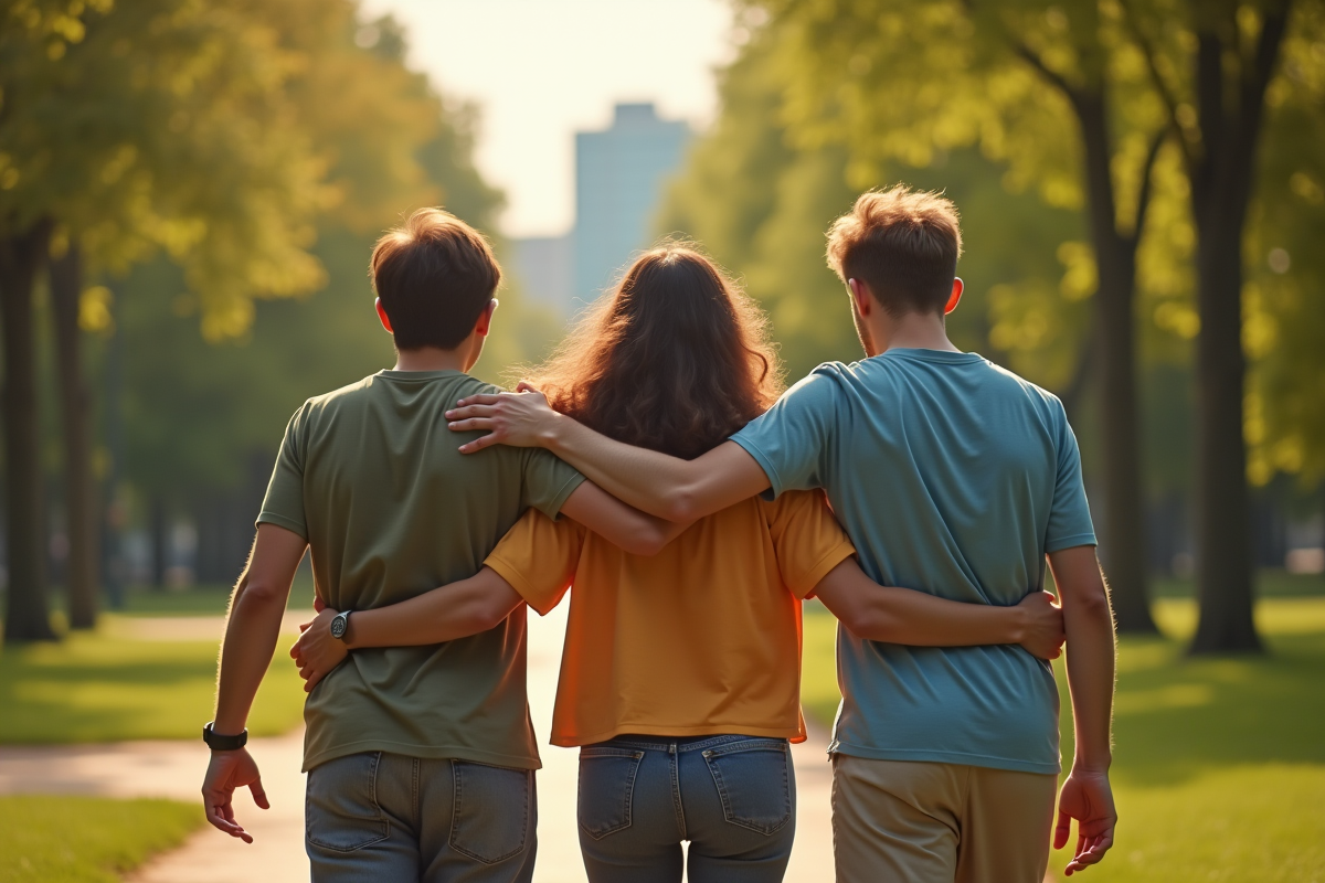 Trois personnes marchant dans un parc urbain en soutien