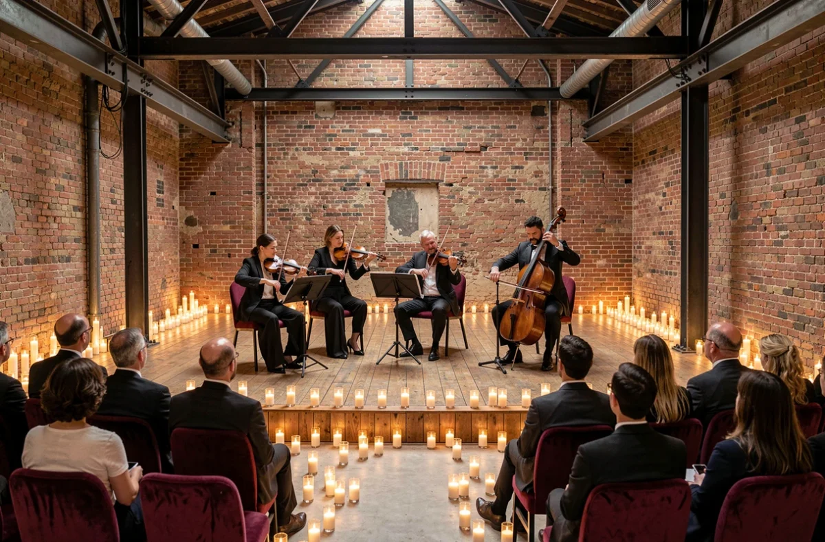 Quatuor à cordes en concert Candlelight Lyon entouré de bougies dans un loft industriel aux murs de briques