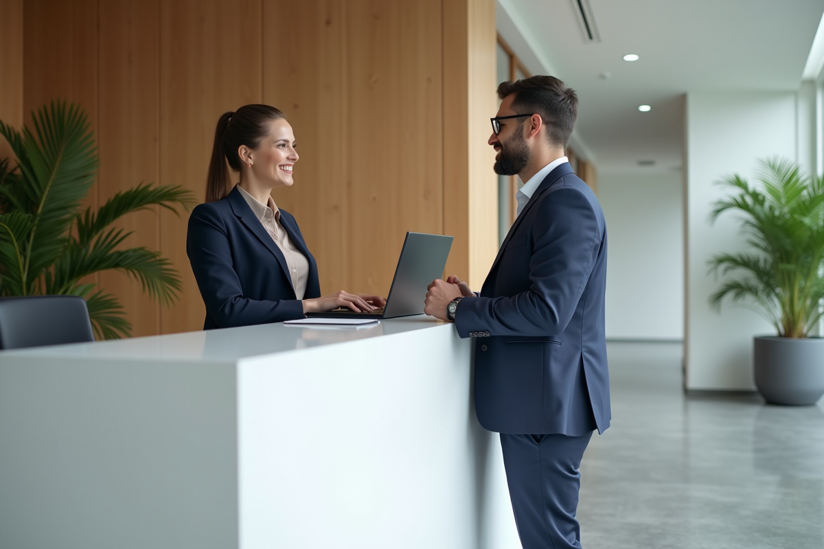 Femme professionnelle accueillant un visiteur dans un bureau moderne
