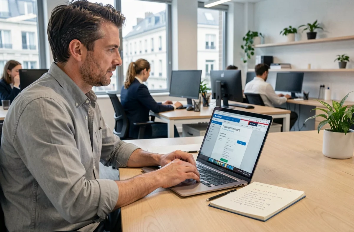 Homme recherchant une annonce ancienne du Journal Officiel des associations sur un ordinateur portable