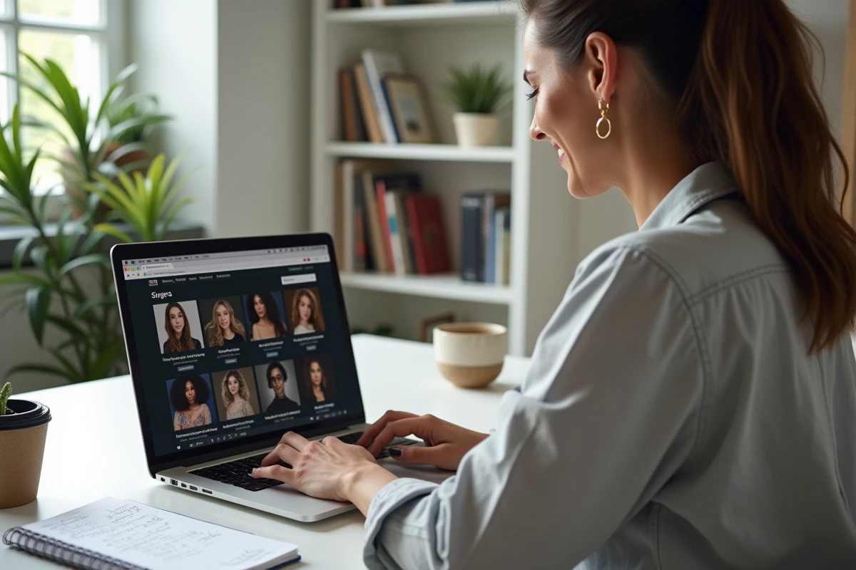 Femme consultant une liste de chanteurs pour événement sur un site de réservation musicale depuis son bureau