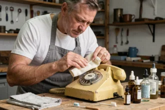 Homme restaurant un vieux téléphone à cadran jauni avec des produits de nettoyage sur un établi en bois