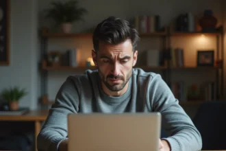 Homme frustré face à un écran d'ordinateur affichant une erreur de retrait bloqué sur un site de jeux en ligne