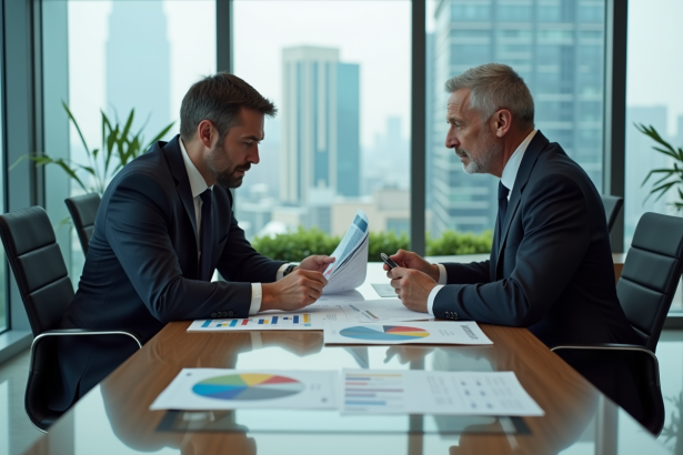 Deux professionnels en réunion avec graphiques d'investissement