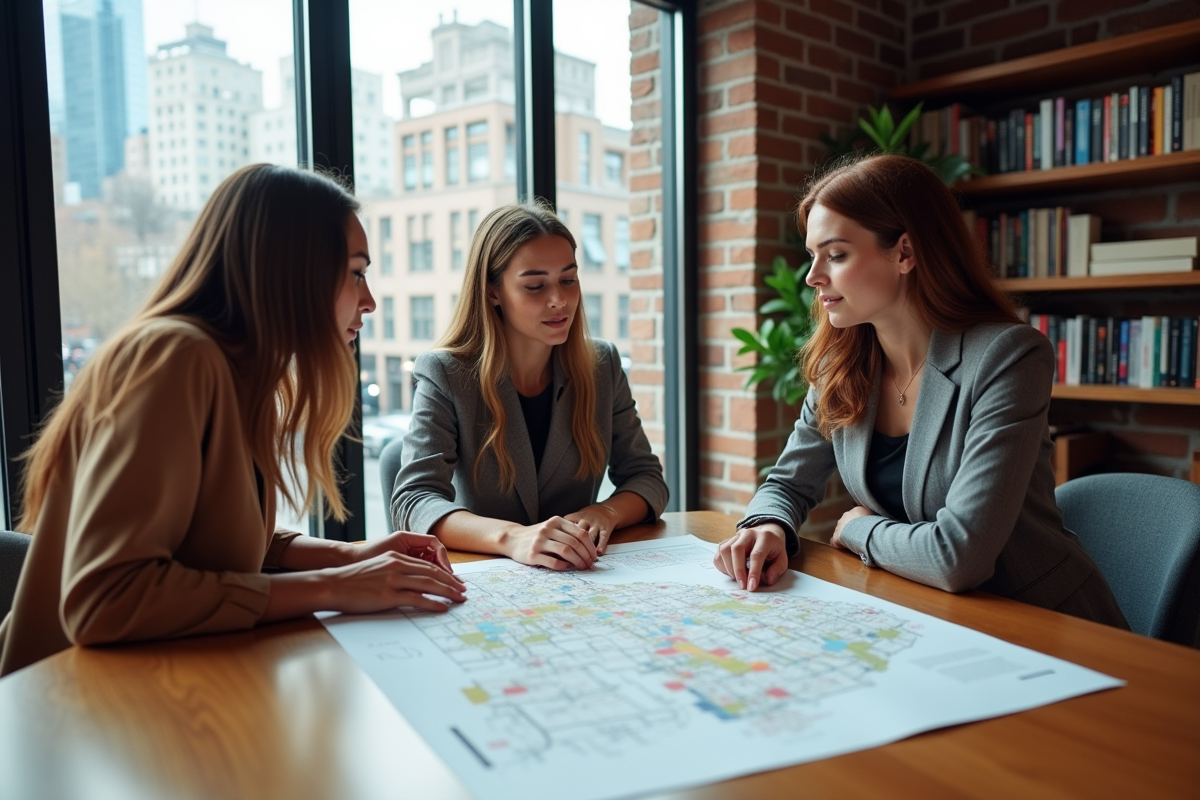 Groupe de jeunes discutant autour de cartes en intérieur moderne
