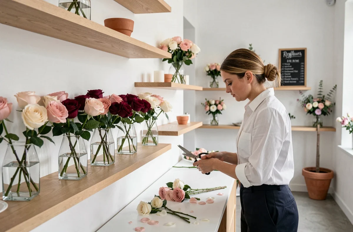 Fleuriste de Rozfleurs taillant des tiges de roses dans une boutique florale minimaliste aux tons blush et ivoire à Montpellier