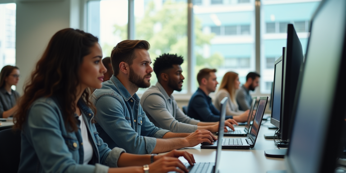 Salle informatique universitaire avec etudiants collaborant