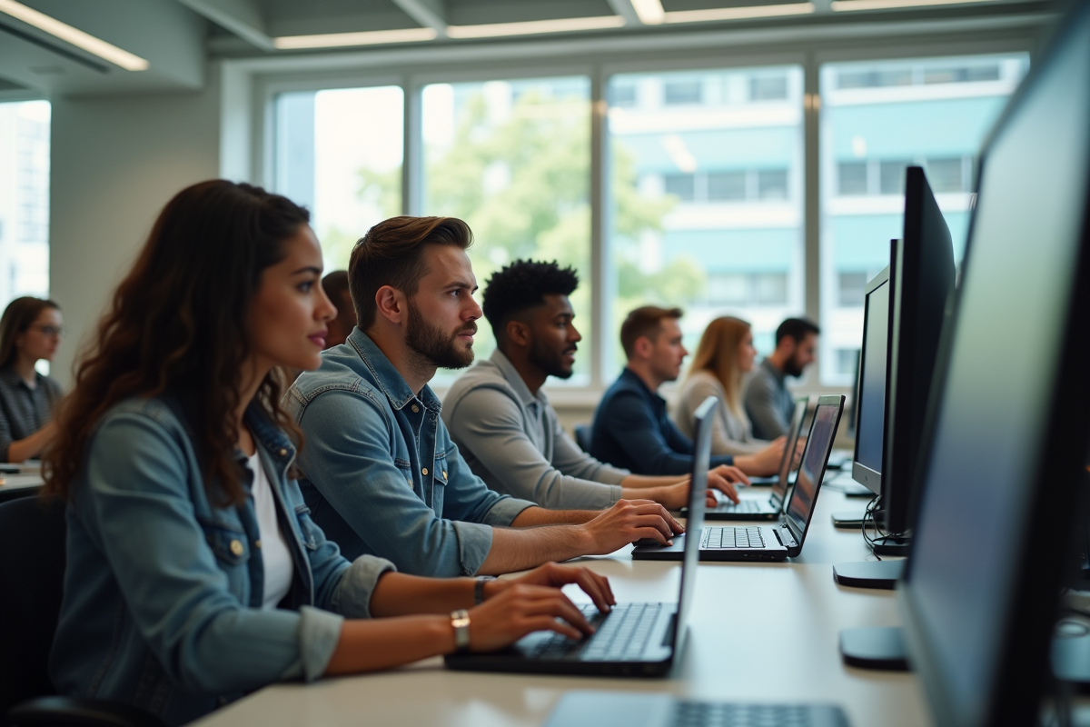Salle informatique universitaire avec etudiants collaborant