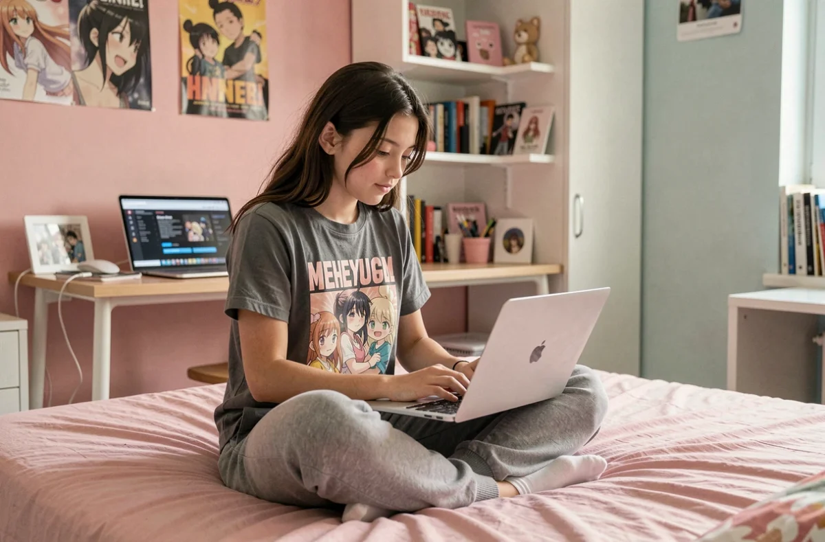 Adolescente lisant un scan de manga sur un ordinateur portable installée sur son lit dans une chambre moderne