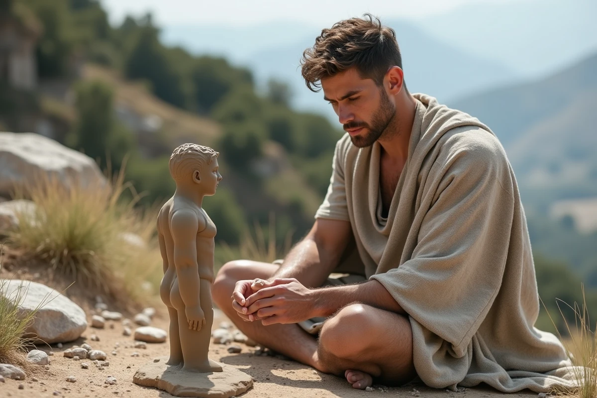 Jeune homme sculptant une figure en argile dans la nature