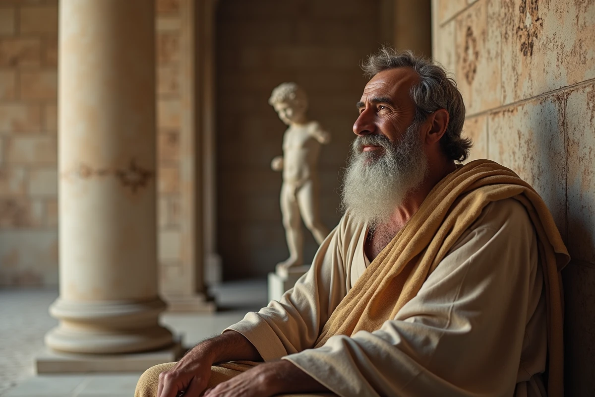 Vieil homme grec contemplant une statue dans un temple antique