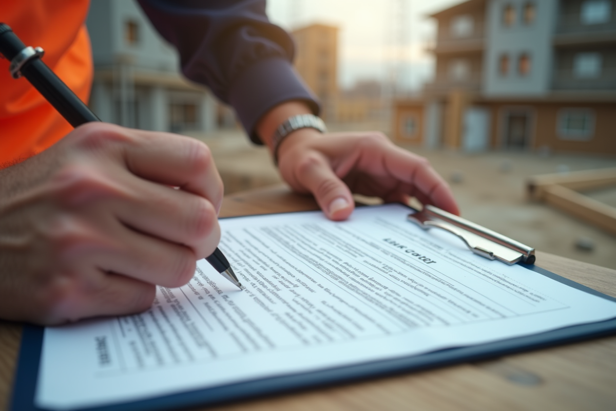 Main d’un ouvrier signant un contrat de construction