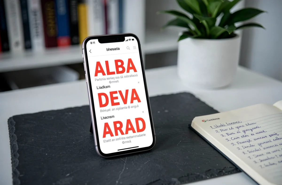 Smartphone affichant un site d'aide aux mots croisés avec des villes roumaines à 4 lettres comme Alba, Deva, Arad sur un bureau minimaliste