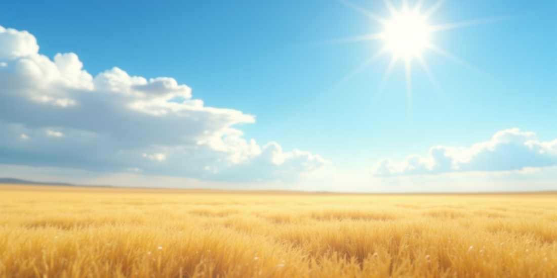 Vue d'une vaste steppe ensoleillée sous un ciel bleu avec nuages blancs