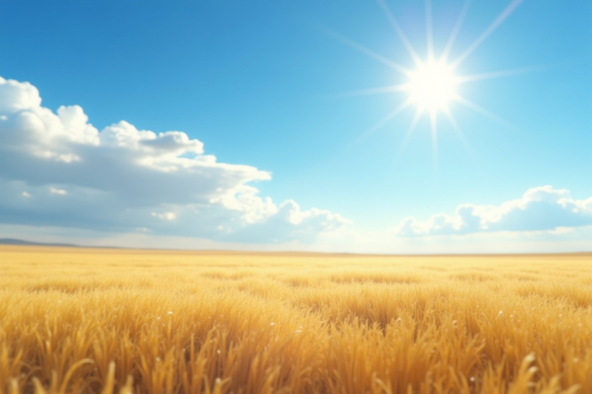Vue d'une vaste steppe ensoleillée sous un ciel bleu avec nuages blancs