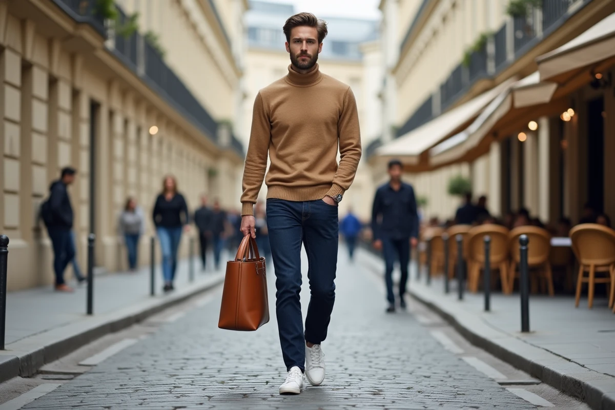 Homme parisien élégant marchant sur un boulevard haussmannien en tenue décontractée chic made in France