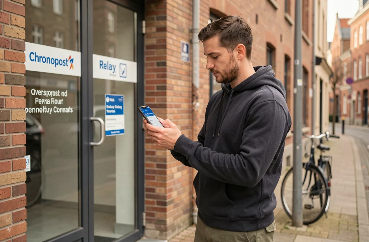 Homme consultant le suivi de colis Chronopost sur son téléphone devant un point relais