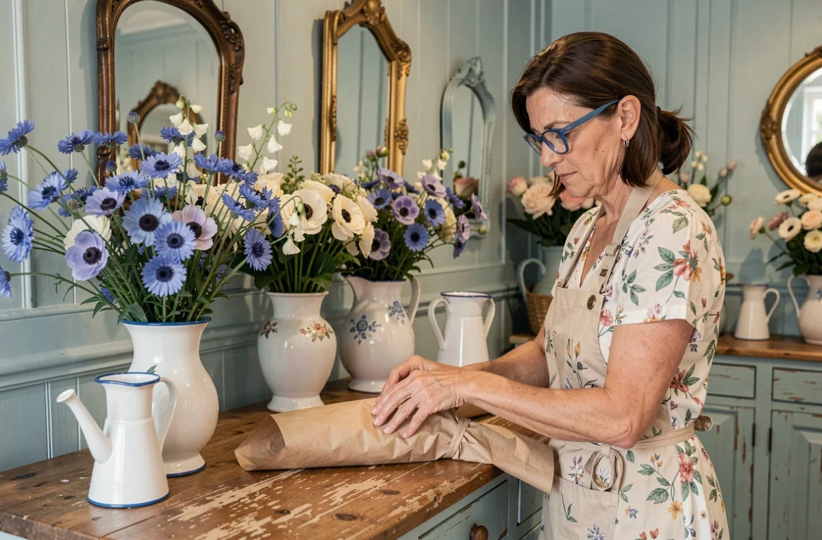 La fleuriste de Suzanne aux yeux bleus enveloppant un bouquet de bleuets et anémones dans du papier kraft dans sa boutique décorée en bleu vintage à Montpellier